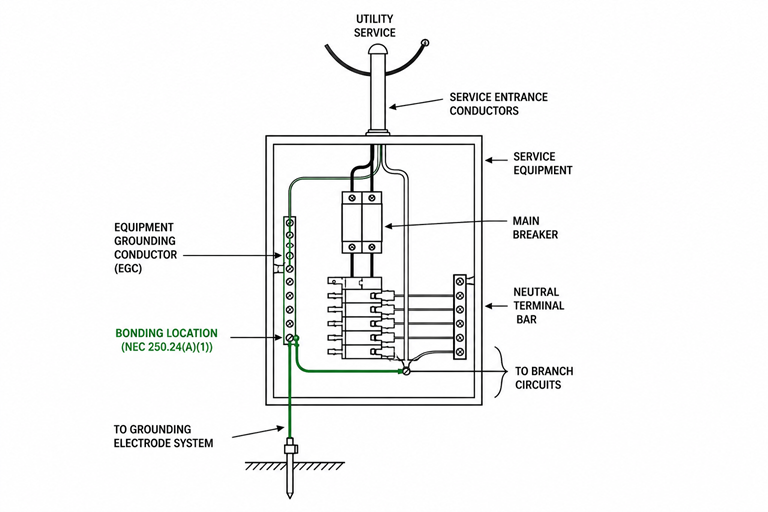 Service entrance diagram showing the bonding location at the service equipment