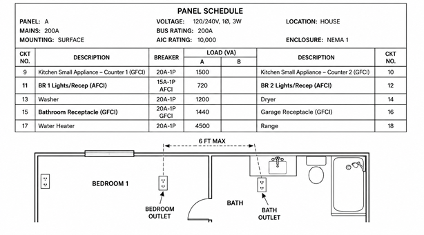 Panel schedule with bedroom AFCI circuit shared with a bath-adjacent outlet