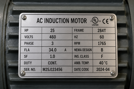 Motor nameplate showing 460V, 3-phase, 25HP, FLA 34A, SF 1.0