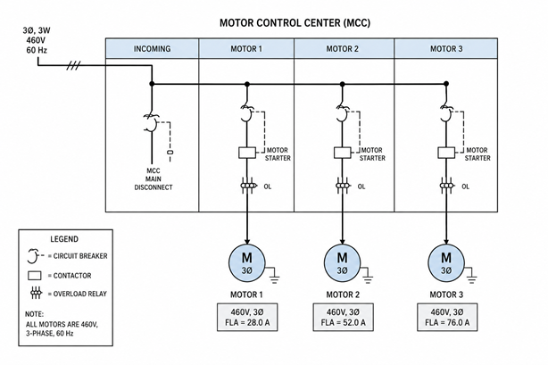 Motor control center diagram showing three motors at 460V with FLA values labeled