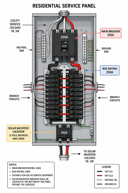 Residential panel diagram showing 200A main breaker and 200A bus rating with solar backfeed location at bottom