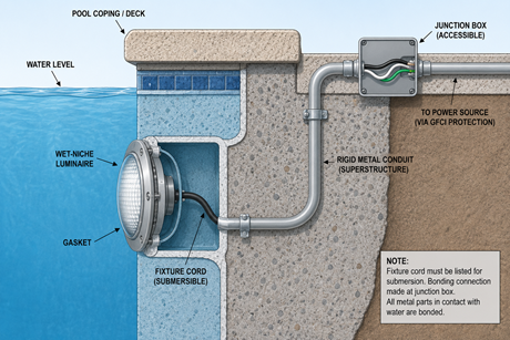Swimming pool cross-section showing a wet-niche luminaire in the pool wall with conductor routing