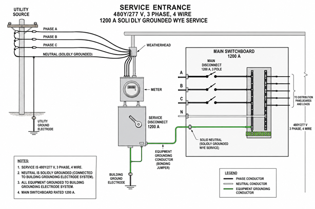 Service entrance diagram showing 480Y/277V, 1200A solidly grounded wye service with main switchboard