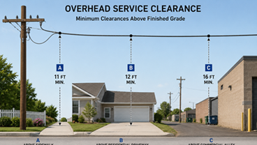 Overhead service clearance diagram showing three measurement points: A above sidewalk at 11 feet, B above residential driveway at 12 feet, C above commercial alley at 16 feet