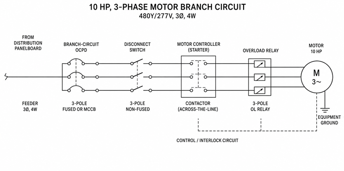One-line diagram of a 10HP three-phase motor branch circuit with feeder, branch-circuit OCPD, disconnect, controller, overload relay, and motor