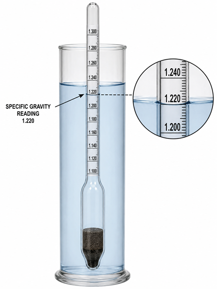 Hydrometer with the float reading at approximately 1.220 specific gravity