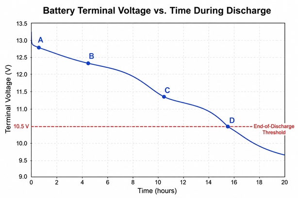 Graph of battery terminal voltage versus time during discharge, with points A B C D marked; a dashed line at 10.5 V marks the end-of-discharge threshold